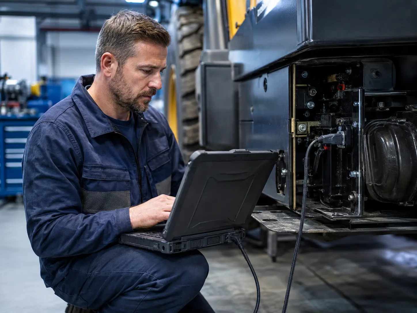 Technician using a rugged laptop during a remote heavy-vehicle diagnostic session