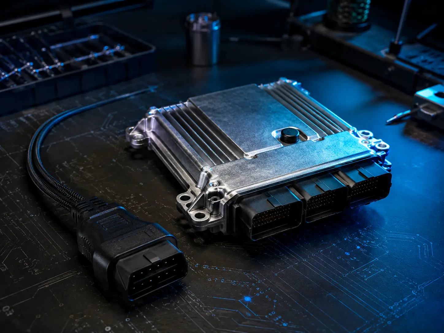 Engine control module on a technical workbench with a secure data connection